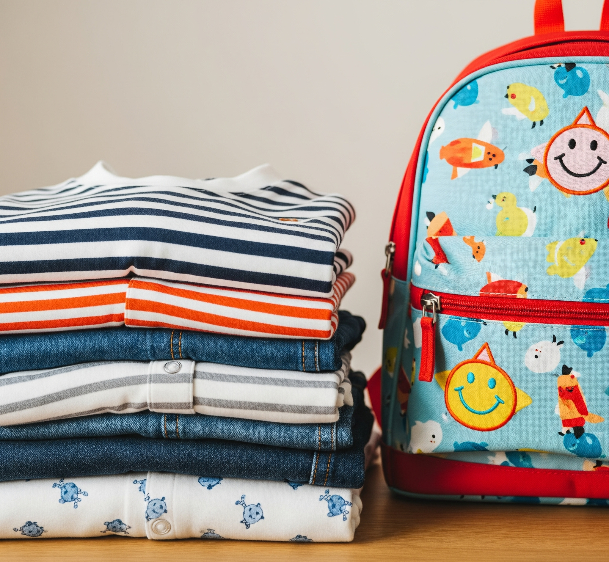 Clean Clothing Stacked Next To A Childs Backpack